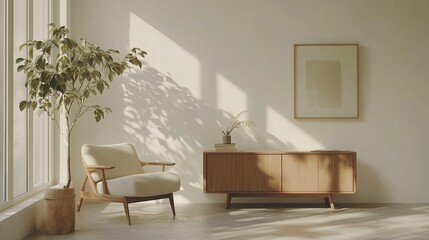 3D rendering of a mockup white wall in a living room interior with an armchair and wooden table, plants on a sideboard against a window with copy space. Minimalist home design concept for a magazine.