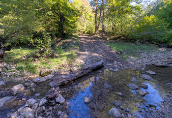 Fototapeta premium the source of the river in the wild, a walk along the riverbed with an overview of the canyon of the river and the shallow riverbed