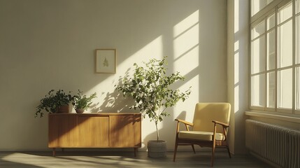3D rendering of a mockup white wall in a living room interior with an armchair and wooden table, plants on a sideboard against a window with copy space. Minimalist home design concept for a magazine.