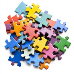 Fototapeta premium On a flat surface, a diverse array of puzzle pieces are scattered, forming an abstract representation of the interplay between complexity and creativity