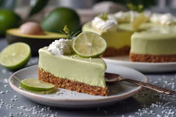 Delicious Homemade No-Bake Lime Cheesecake with Avocado Cream on a Stylish Plate