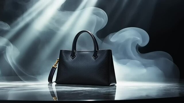 Elegant black handbag showcased with dramatic lighting and smoke effects on a reflective surface