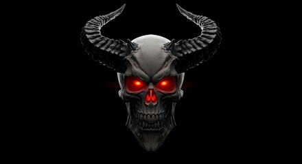 Horned Skull with Red Eyes on Black Background Dark Fantasy
