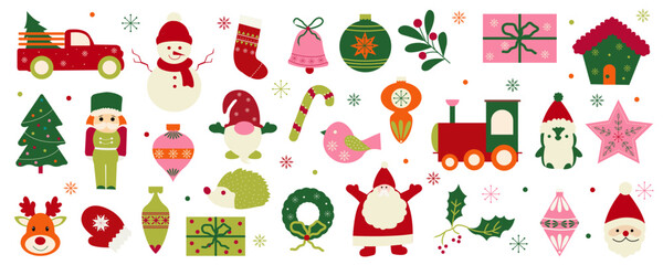 Christmas vector flat cartoon illustration set with winter holiday decorations design elements, festive ornament sticker collection	