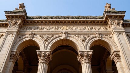 Obraz premium Architectural Details of Ornate Columns and Arches Against a Clear Blue Sky
