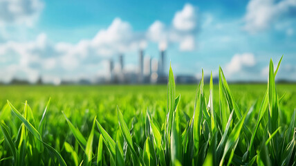 Fototapeta premium Lush green grass in field with blurred city skyline in background, evoking sense of nature and urban contrast