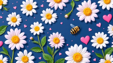 Colorful Floral Pattern with Bees and Hearts on a Blue Background for Spring and Summer Themes