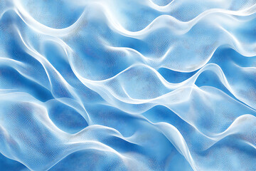 Obraz premium Abstract flowing mesh waves in white and blue tones, blending fabric-like softness with a digital net texture. Ideal for tech, fashion, design, and futuristic visual concepts.