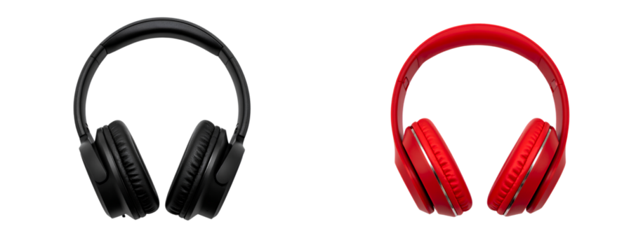 Headphones, black and red in color, on a white background