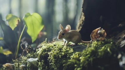 Forest floor with green moss, sunlight and two curious mice exploring natural habitat