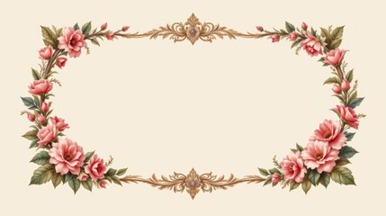 Obraz premium Elegant Floral Frame Design with Pink Roses and Ornate Gold Accents on Soft Background