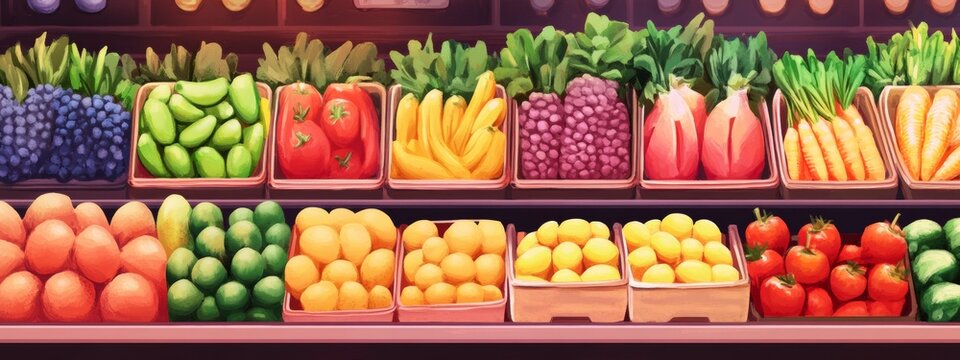 Detailed vector illustration of fruit and vegetable stand organized by color and type