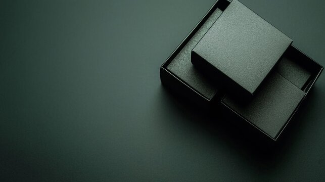 Black gift box with ribbon on dark surface for luxury branding or packaging concepts