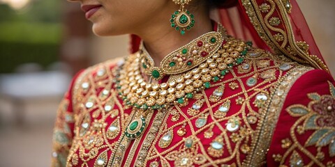 Traditional Indian wedding attire, close-up of intricate embroidery and jewelry, warm rich colors
