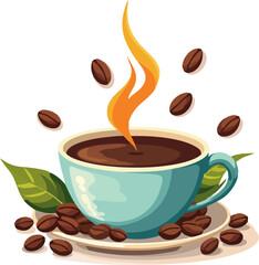 Colorful Vector Illustration of Hot Coffee in Blue Cup with Coffee Beans and Leaves Flying Around - Fresh Brewed Beverage Concept on White Background