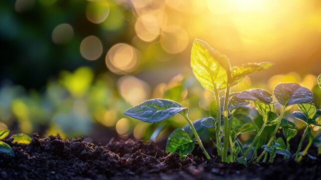 Small green plant growing in soil with sun rays creating dreamy backlight effect
