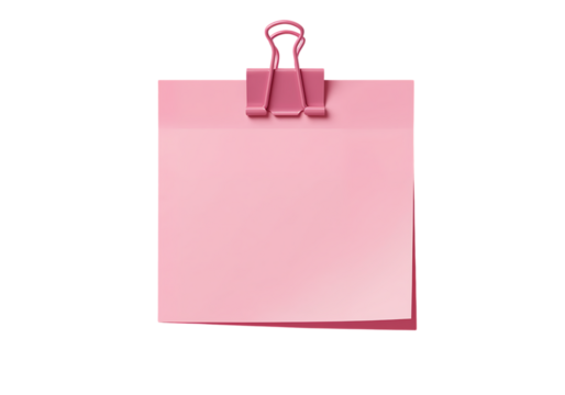 Pink sticky note with binder clip, isolated on black.