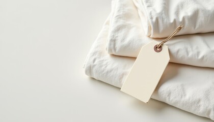Folded white linens with a blank tag on a light background, suggesting cleanliness, comfort, and minimalism.