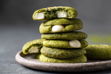 Vegan Delight: Stack of Green Tea Matcha Cookies with White Chocolate on a Gray Plate - A Trendy Treat for Healthy Living