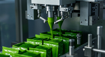 Close-up of precision doser filling matcha powder into sachets, synchronized arms moving like clockwork under glowing lab lights

