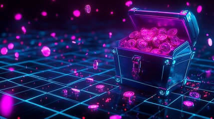 Glowing Treasure Chest Overflowing With Digital Coins Set Against a Dark Cyberpunk Grid Background