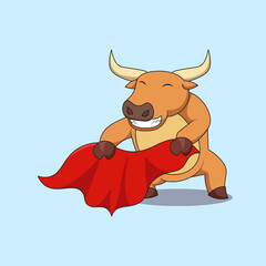 Cute brown bull holding red cloth as matador