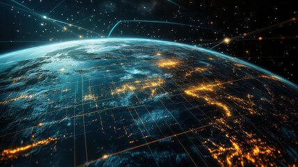3d illustration of earth with glowing city lights visible across continents seen from space with futuristic digital grid highlighting earth’s geography