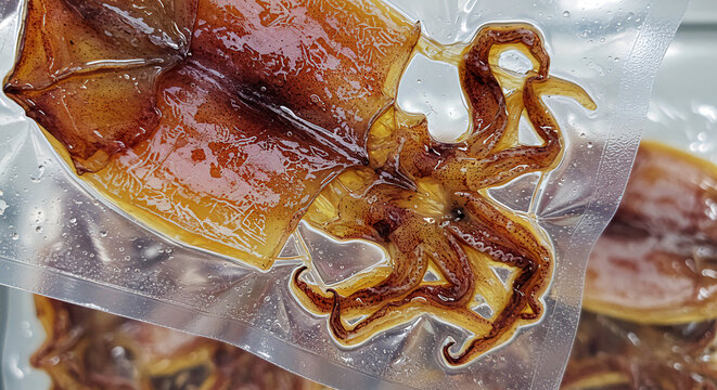 Dried pusit in vacuum packs, glossy surface and curl detail shown up close under angled lighting at preservation demo.

