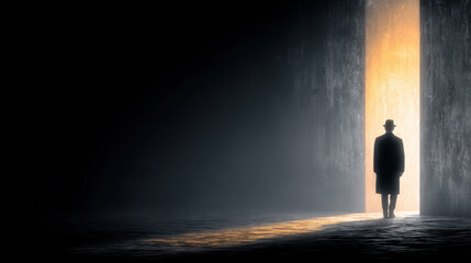Lone traveler stands at the entrance of a dark tunnel illuminated by distant light in a dramatic setting