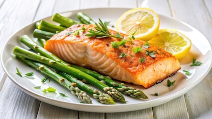 Pan-seared Salmon Steak atop a bed of steamed green asparagus spears garnished with lemon wedges on a clean white plate , asparagus, meal prep