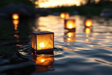 3d illustration of floating lanterns on calm river softly illuminating water with realistic reflections and gentle ripples
