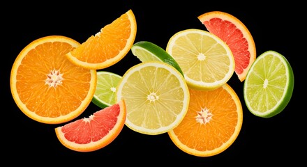 Fototapeta premium Mixed citrus fruit slices (orange, lemon, lime) in mid-air, with detailed pulp, rind, and subtle shadows, isolated on black