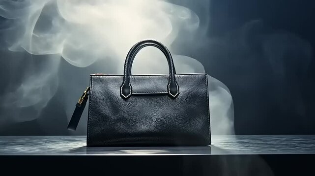 Elegant black handbag displayed on a reflective surface with soft smoke in the background, enhancing luxury