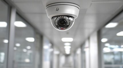 A white dome security camera is mounted on the ceiling of a bright hallway, providing surveillance and safety in a building environment for monito.