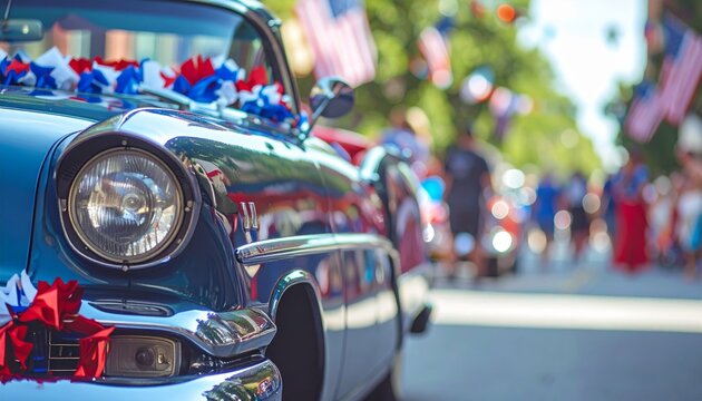 Close-up of a vintage car decorated with red, white, and blue bows during a 4th of July parade on a sunny day. Concept of independence and celebration.