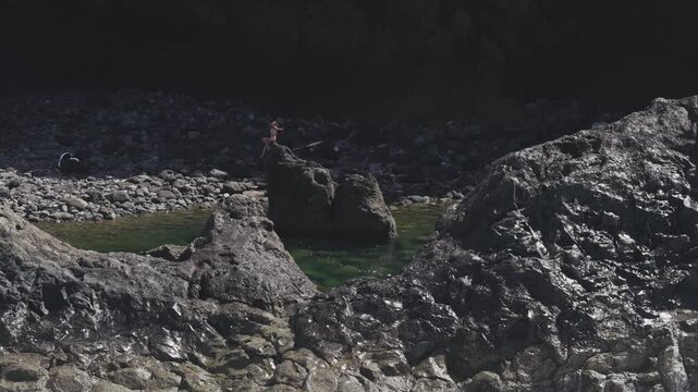 Massive waves pummeling volcanic shoreline of La Palma, lone silhouette of a girl sitting on a rock, capturing dramatic seascape's primal force and windswept intensity
