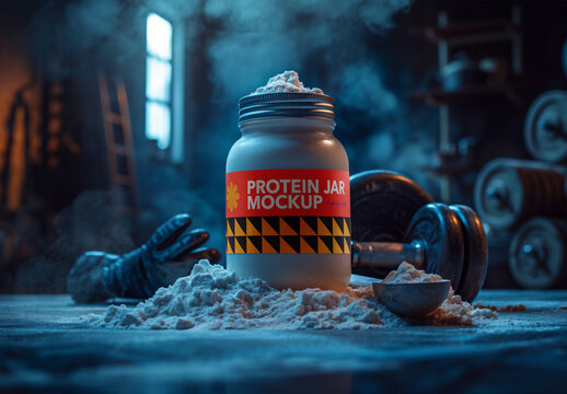 Protein Jar Mockup with Powder Spill &ndash; High-Quality Gym Scene for Supplement Packaging and Fitness Branding