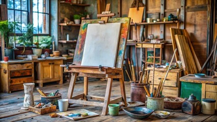 Old wooden easel with worn canvas in studio
