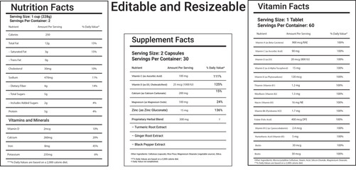 Obraz premium Editable and Resizable Nutrition, Supplement, and Vitamin Facts Label Vector Templates, Perfect for Packaging Design, Health Products, Dietary Apps, Print Use, and Educational Materials