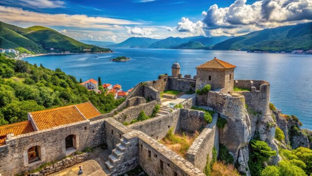 Ancient stone fort walls with rugged terrain and Mediterranean sea in Herceg Novi