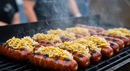 Freshly grilled bratwurst sausages with mustard and sauerkraut, sizzling on a hot grill, served to eager festival-goers at Raleigh’s food fest

