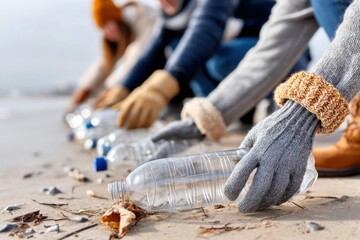 Fototapeta premium Volunteers collecting plastic bottles on beach, environmental cleanup concept