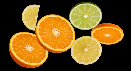 Obraz premium Mixed citrus fruit slices (orange, lemon, lime) in mid-air, with detailed pulp, rind, and subtle shadows, isolated on black