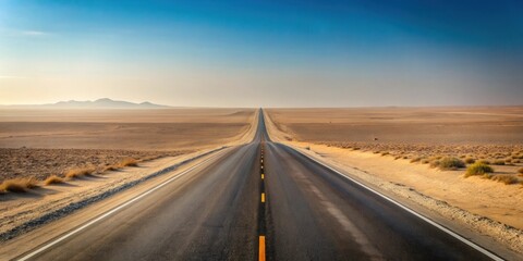 Naklejka premium Endless Asphalt Journey Across a Sun-Drenched Desert Plain Under a Vast, Clear Sky