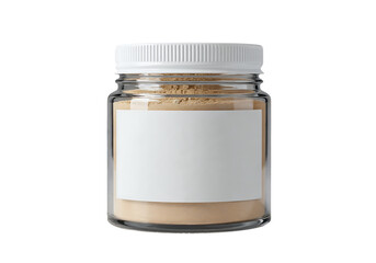 Glass jar with beige powder and blank label