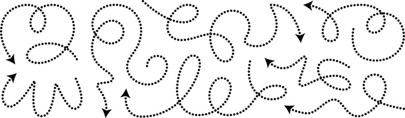 Squiggly dotted arrow, vector dashed curved line arow set. Rise and fall change plan, doodle shaped pointer map element. 3d dynamic curly direction loop scribble. Abstract long spiral waving chart