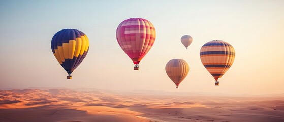 Fototapeta premium Colorful hot air balloons over a desert landscape.