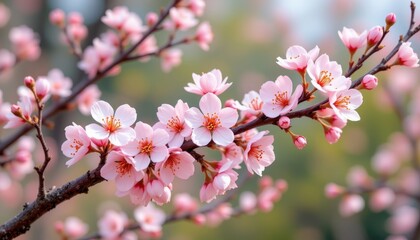 Obraz premium charming cherry blossom branch in an illustrative style, using blush and bark palette, gentle shapes, textured scenery, calm feel, high resolution