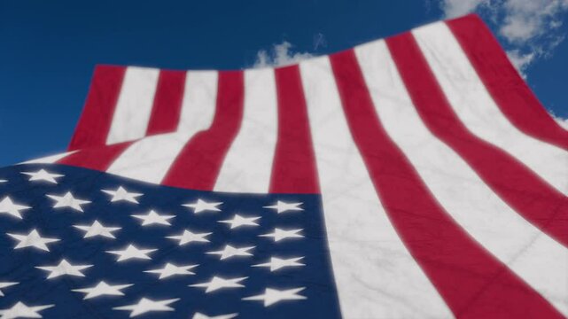 National flag of United States of America flutters in the wind on blue sky background 3D Render. American or us flag textile. USA flag symbol uncle sam or big brother
