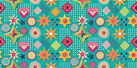 Obraz premium Vibrant Geometric Starburst and Shape Pattern Design Featuring a Retro Teal Background